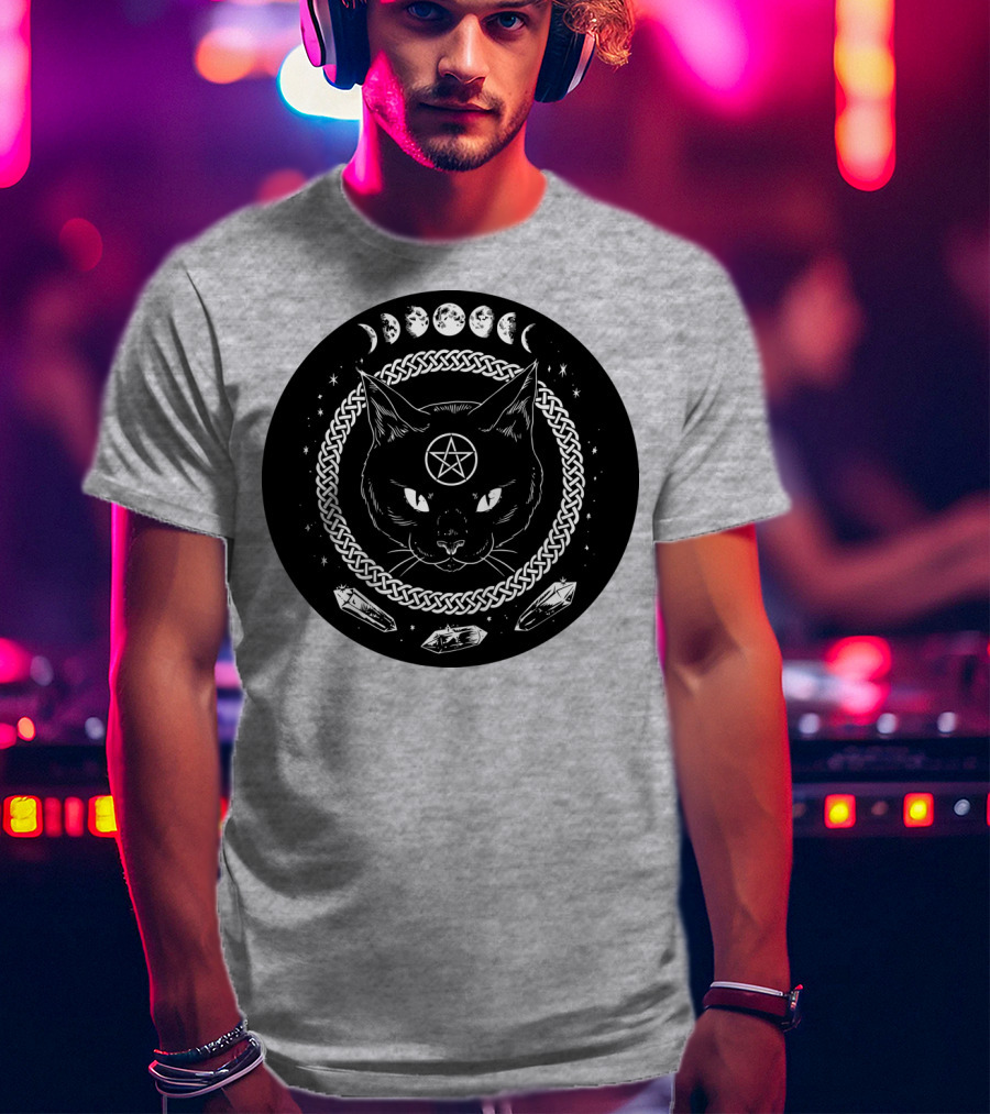 Cat Moon Magic Pentacle Phases Crystals Lunar Cycle T-Shirt