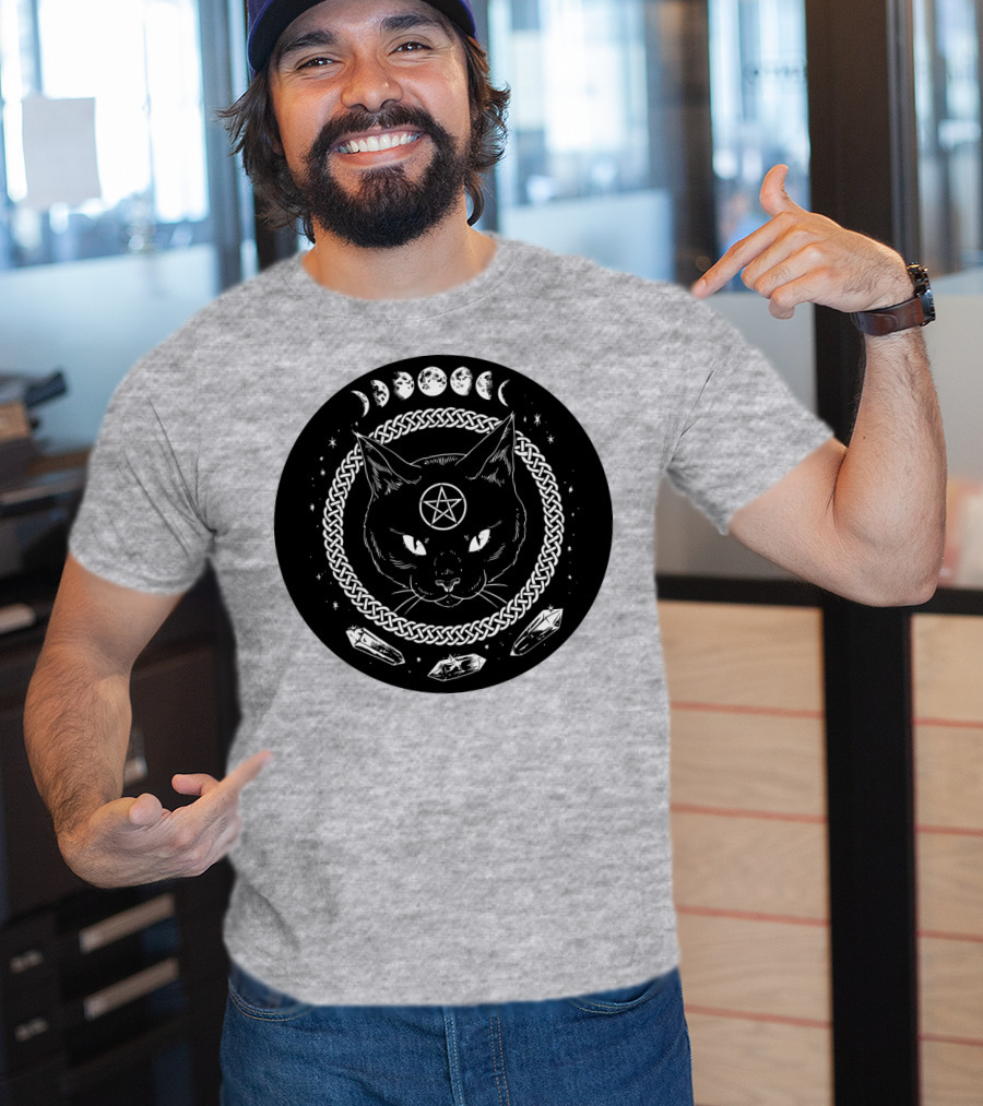 Cat Moon Magic Pentacle Phases Crystals Lunar Cycle T-Shirt