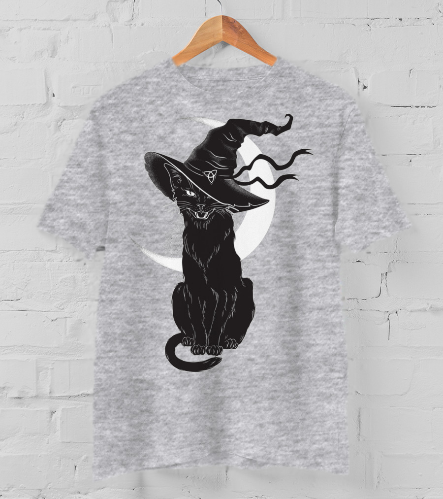Cat Witch With Crescent Moon And Magic Hat T-Shirt