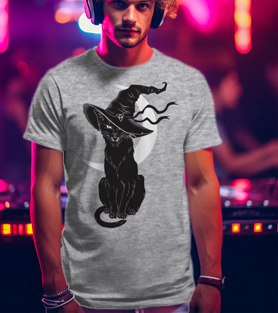 Cat Witch With Crescent Moon And Magic Hat T-Shirt