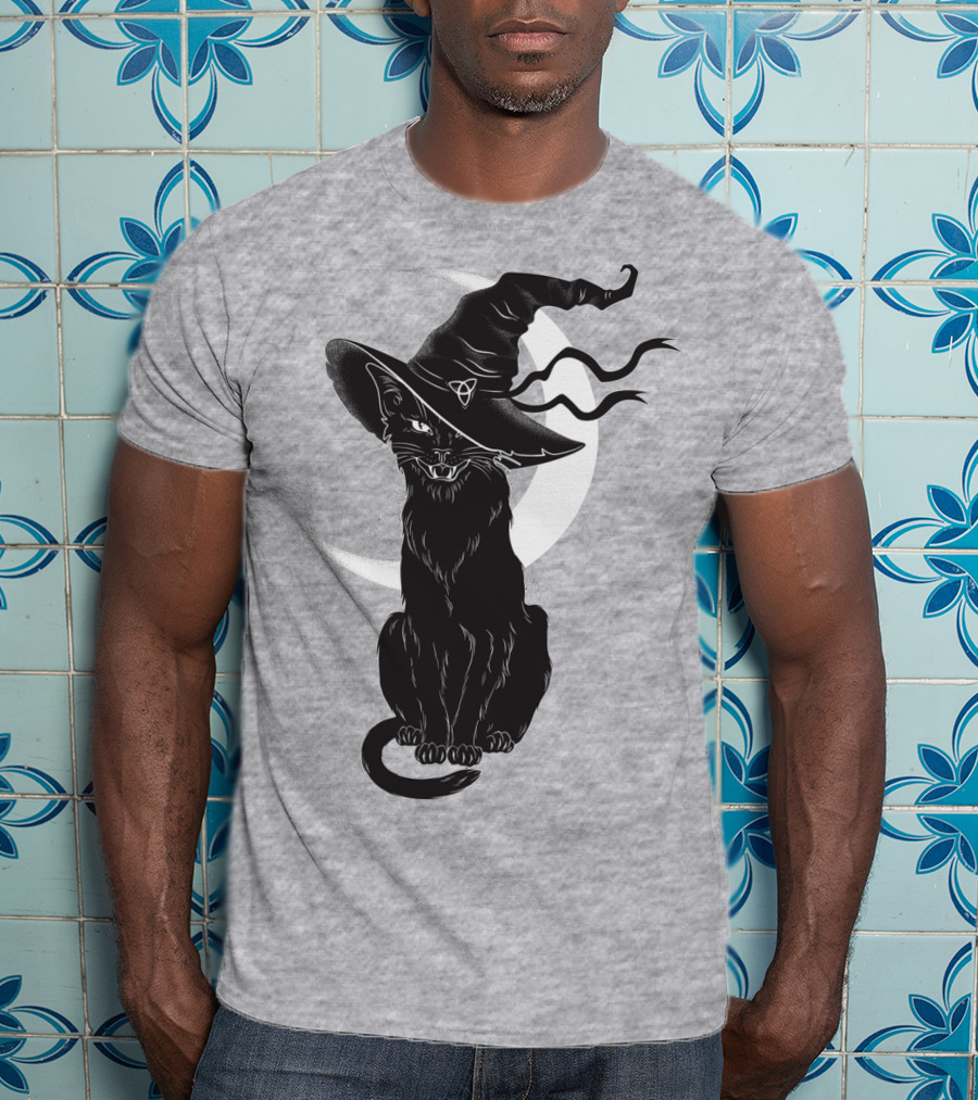 Cat Witch With Crescent Moon And Magic Hat T-Shirt
