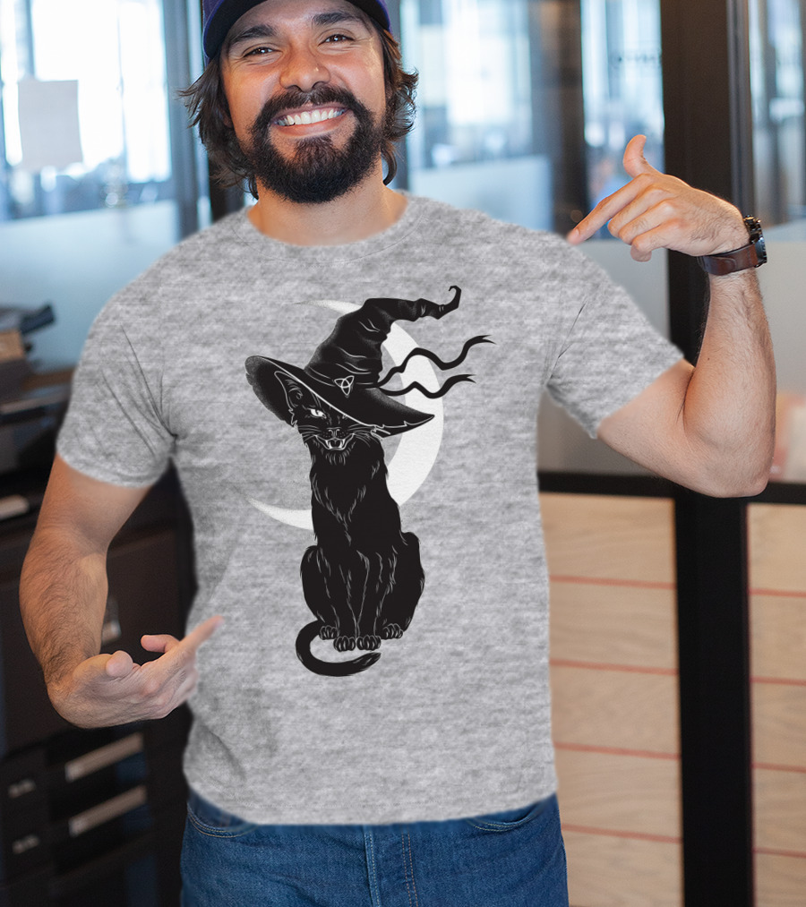 Cat Witch With Crescent Moon And Magic Hat T-Shirt