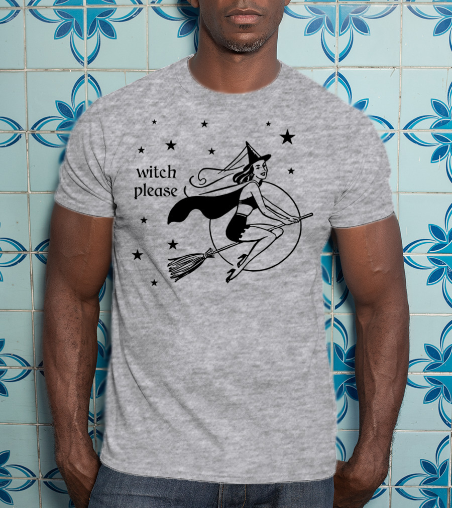 Witch Please Vintage Flying Witch Broomstick Moon Stars T-Shirt