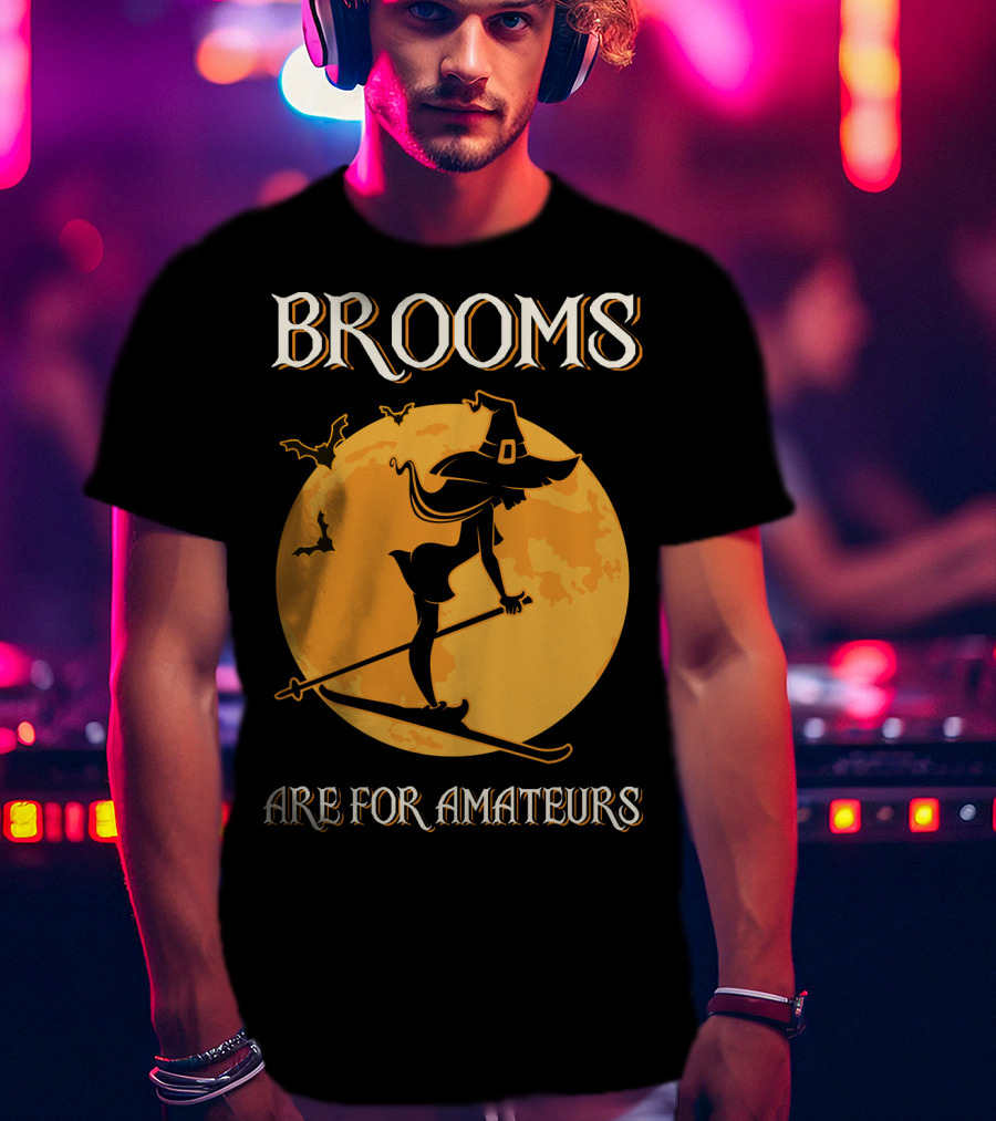 Brooms Are For Amateurs Witch Skiing Silhouette Halloween Moon T-Shirt