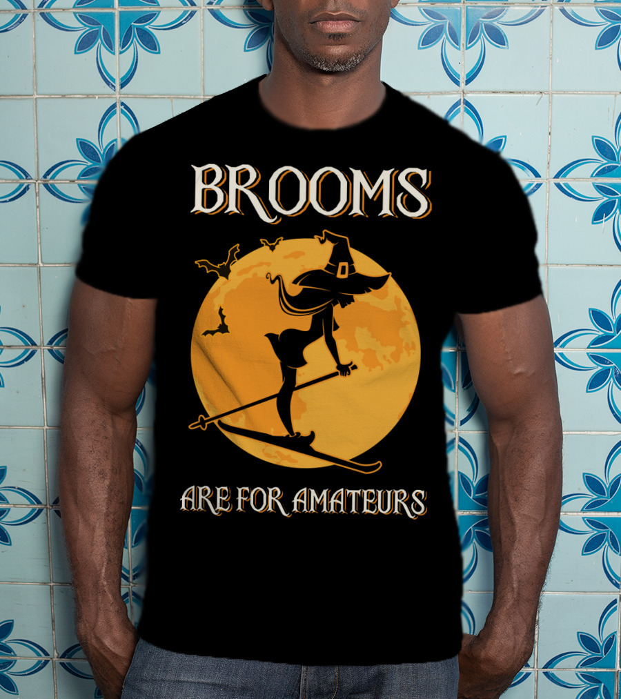 Brooms Are For Amateurs Witch Skiing Silhouette Halloween Moon T-Shirt