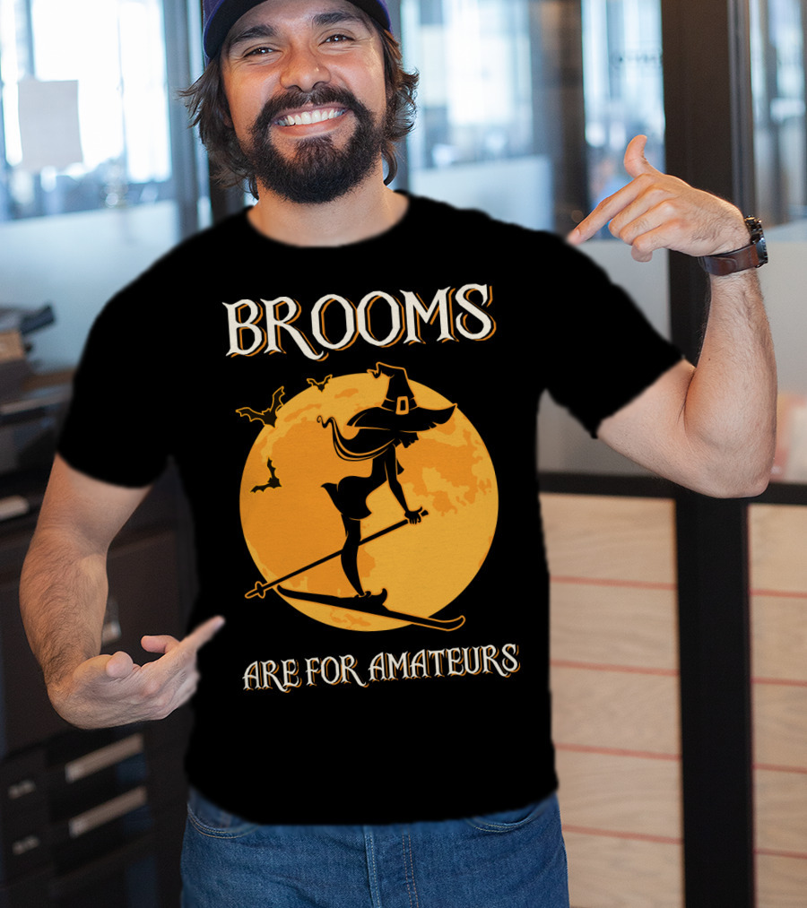Brooms Are For Amateurs Witch Skiing Silhouette Halloween Moon T-Shirt