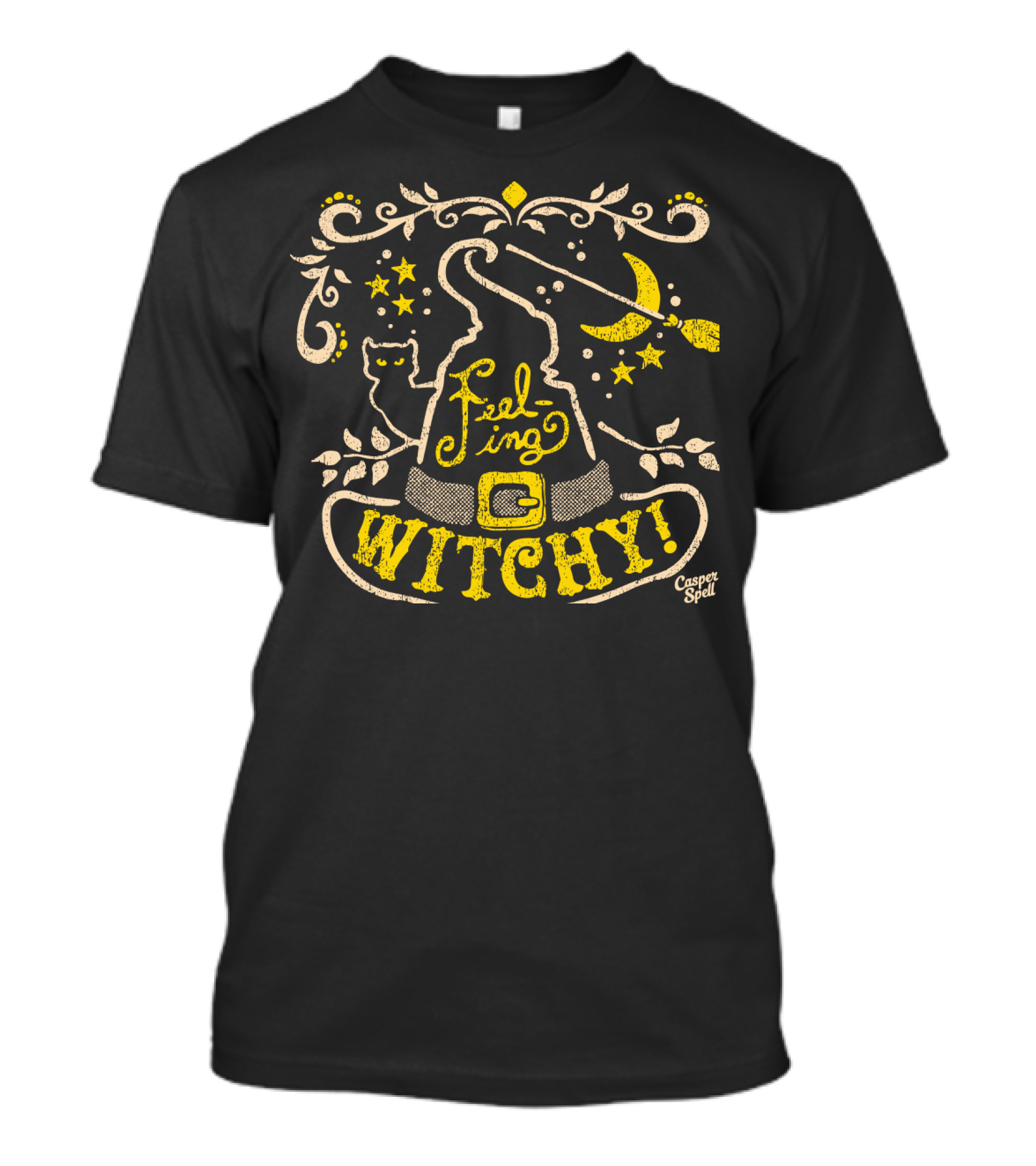 Feeling Witchy Casper Spell Moon Stars Cat Broomstick Hat T-Shirt
