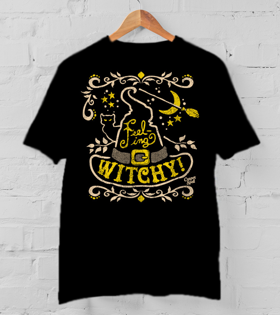 Feeling Witchy Casper Spell Moon Stars Cat Broomstick Hat T-Shirt