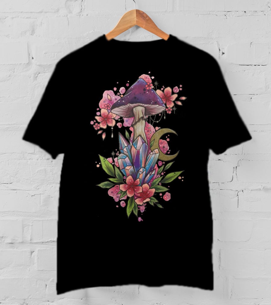 Mushroom Magic Crystal Moon Blossoms With Celestial Floral Accents T-Shirt