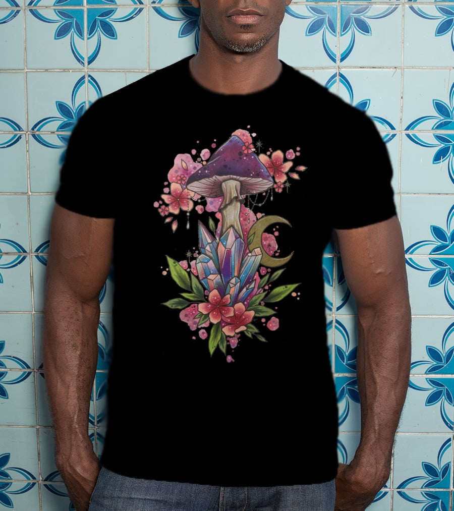 Mushroom Magic Crystal Moon Blossoms With Celestial Floral Accents T-Shirt