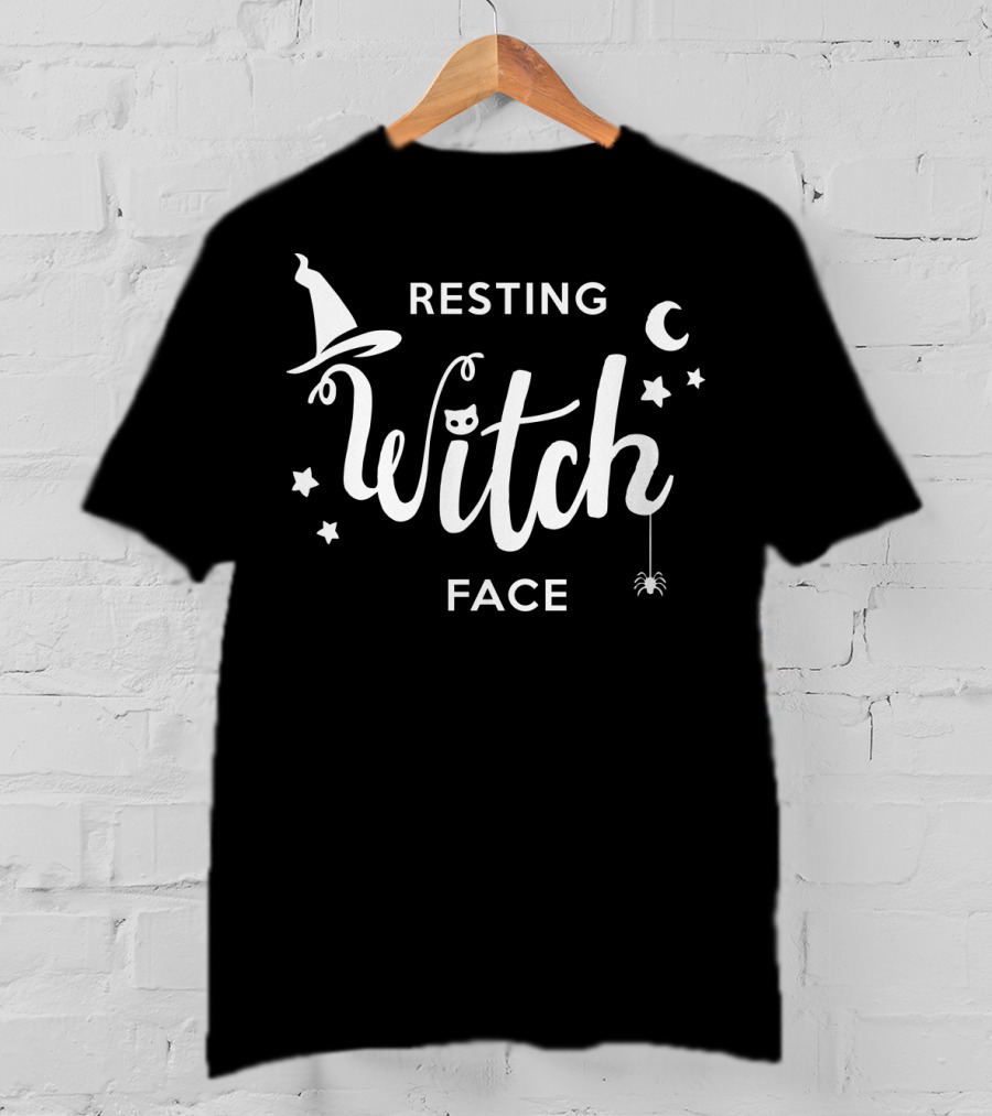 Resting Witch Face Hat Stars Moon Spider Cat T-Shirt
