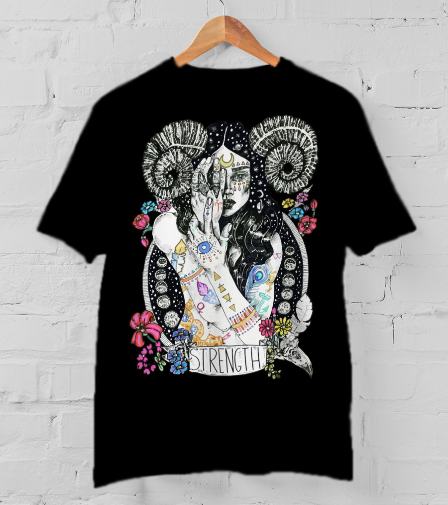 Strength Zodiac Goddess With Symbols And Flowers T-Shirt
