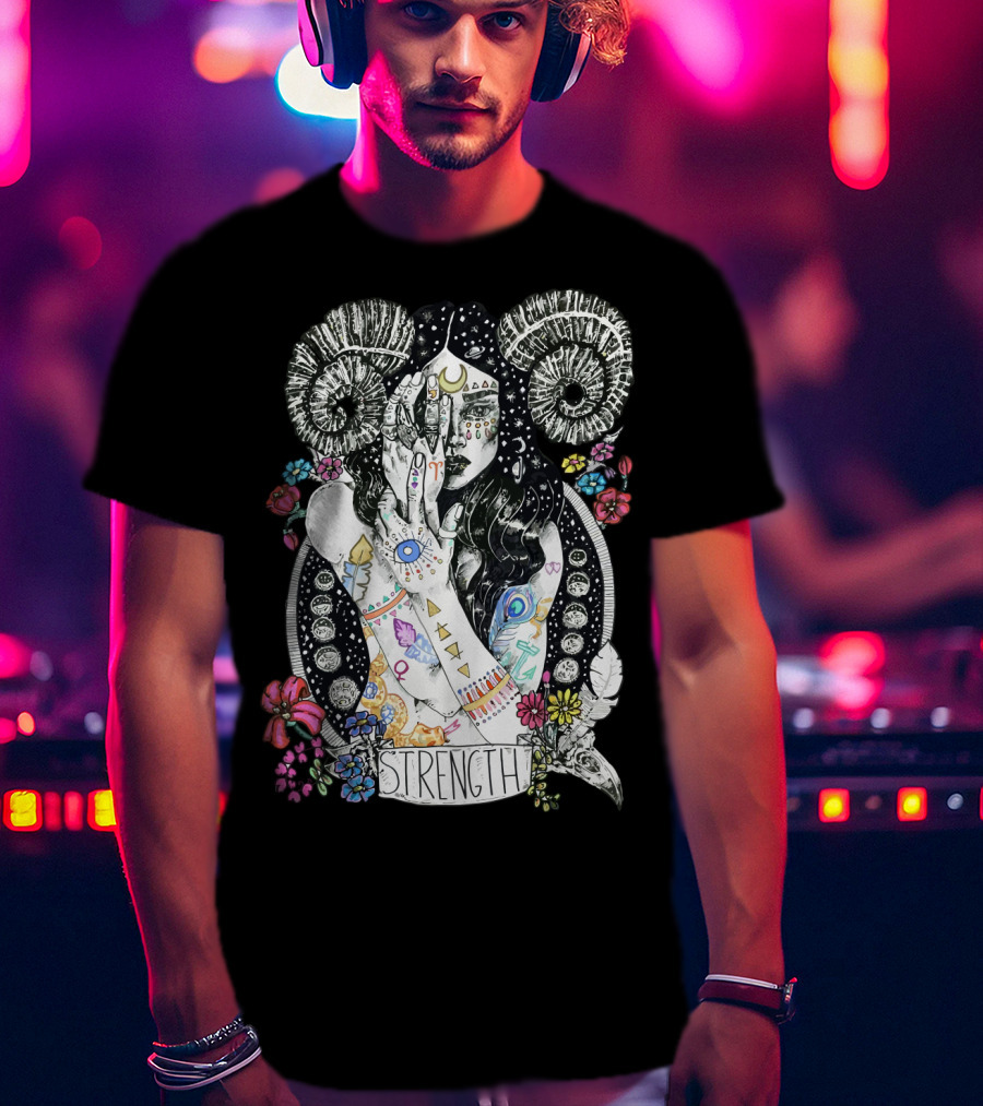 Strength Zodiac Goddess With Symbols And Flowers T-Shirt