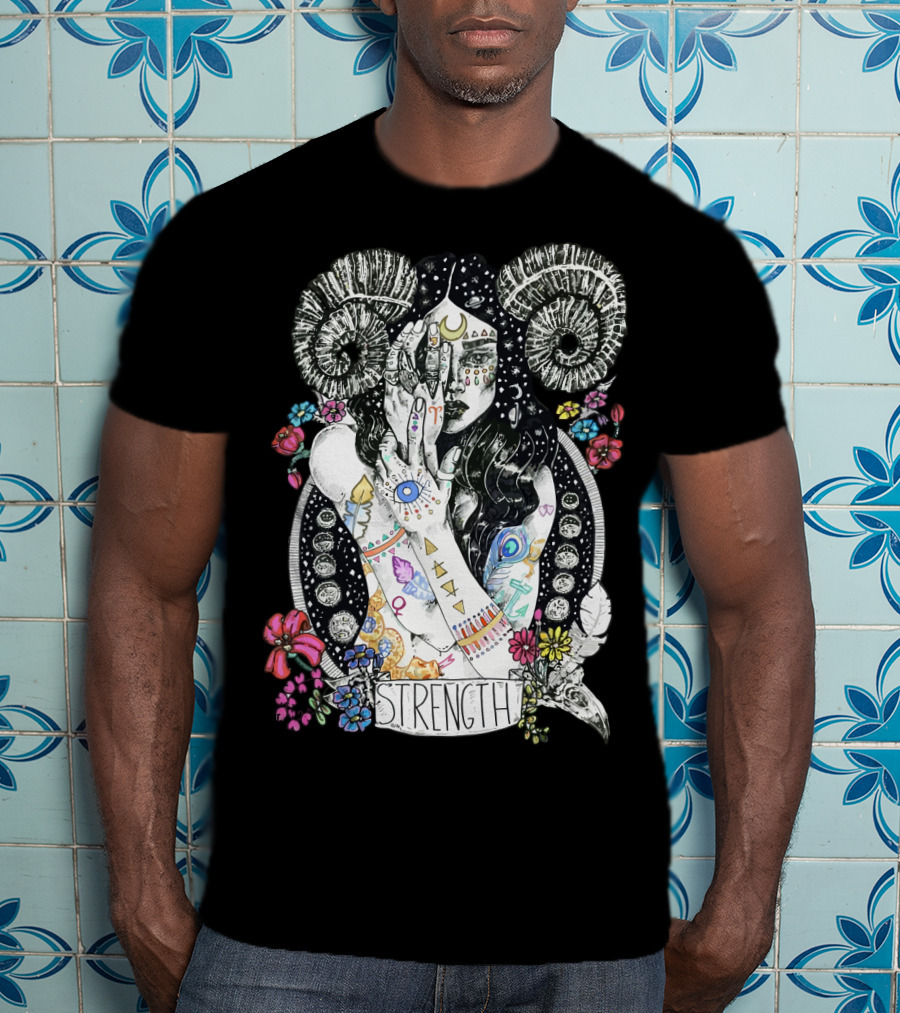 Strength Zodiac Goddess With Symbols And Flowers T-Shirt