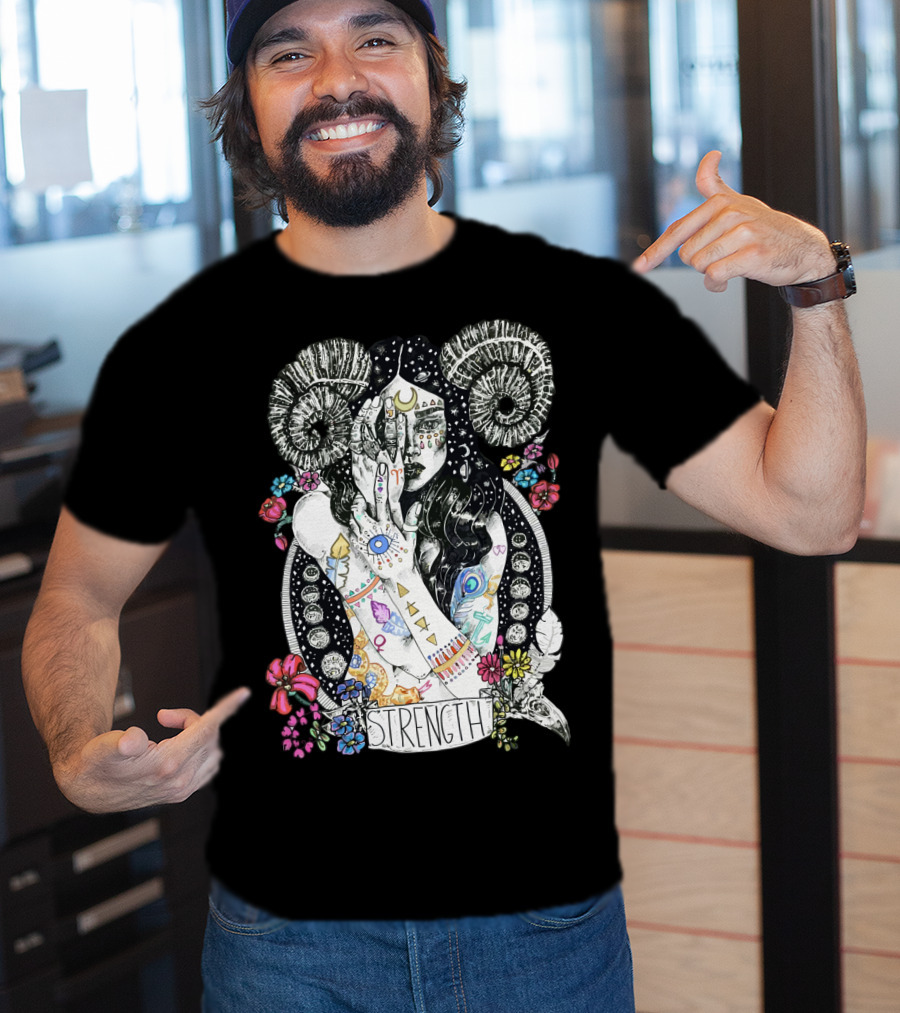 Strength Zodiac Goddess With Symbols And Flowers T-Shirt