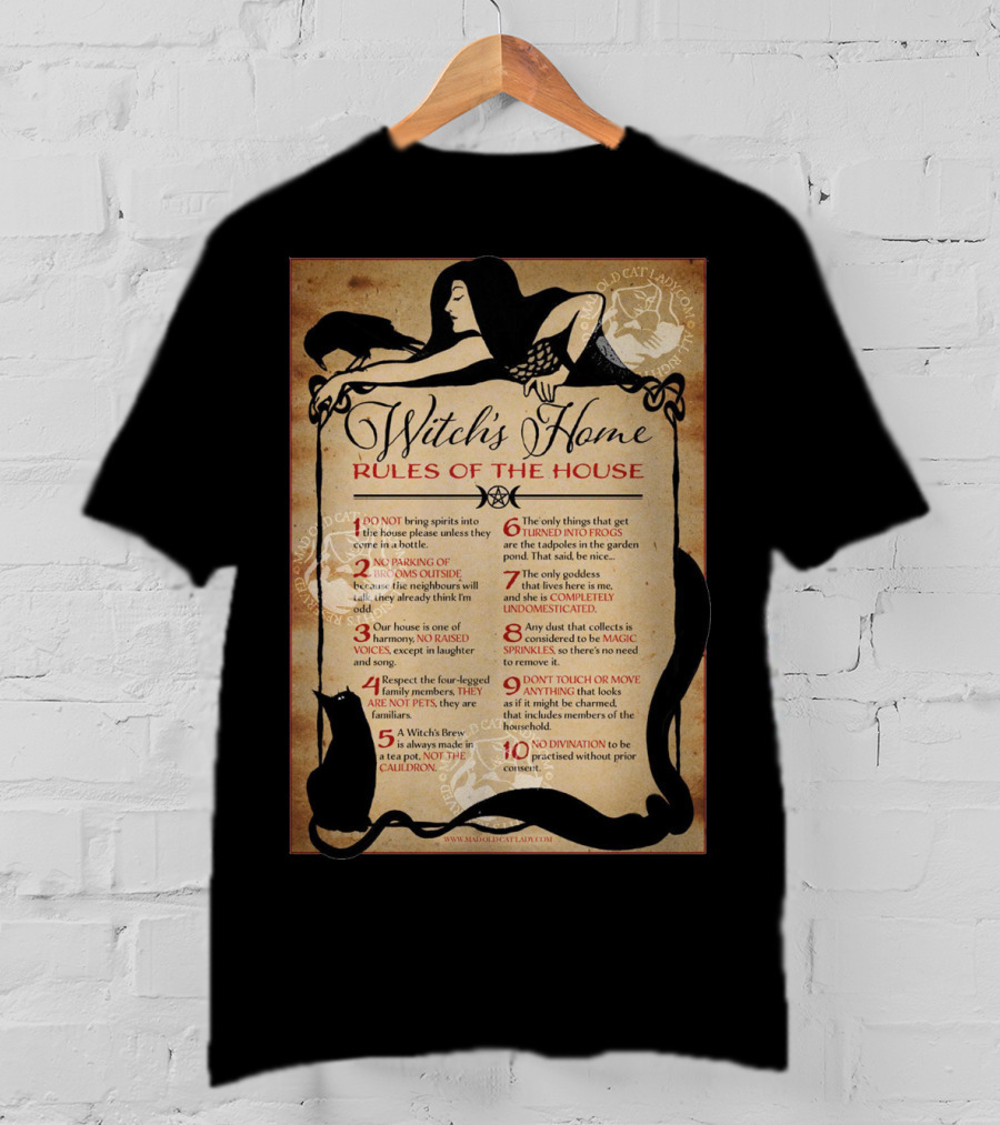 Witch's Home Rules Of The House Guide With Black Cat, Raven, Potion, Magic, And Enchanting Text Elements T-Shirt