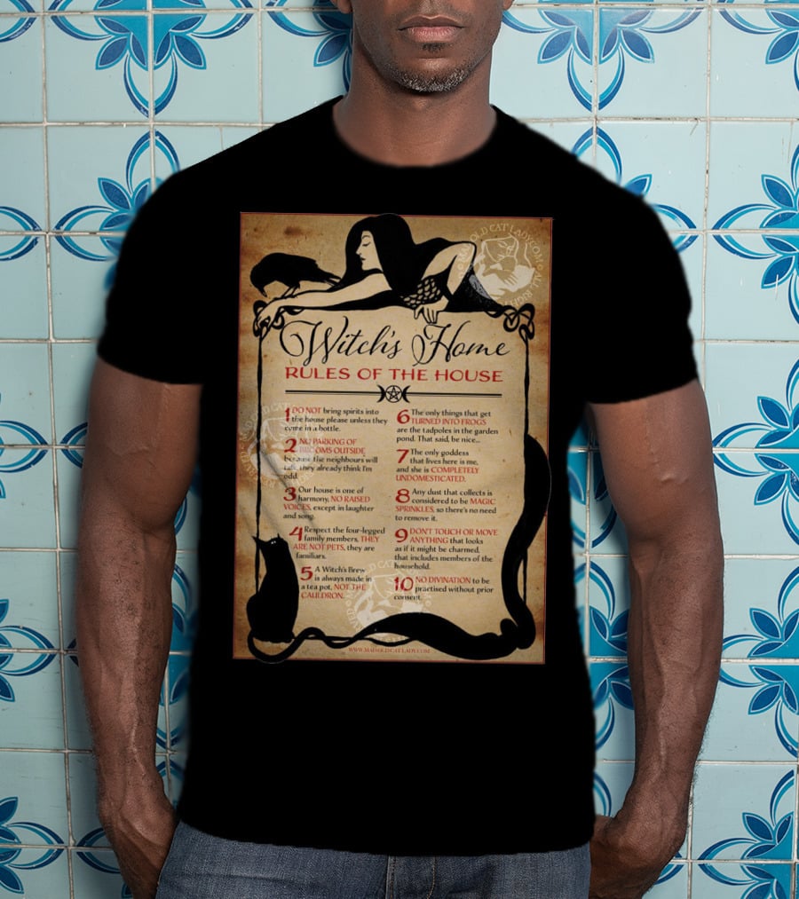 Witch's Home Rules Of The House Guide With Black Cat, Raven, Potion, Magic, And Enchanting Text Elements T-Shirt