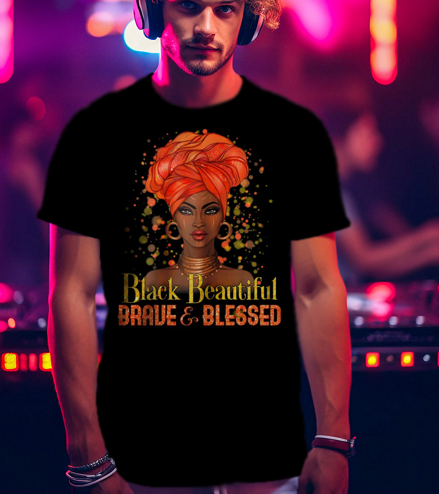 Black Beautiful Brave And Blessed African Woman With Orange Headwrap T-Shirt
