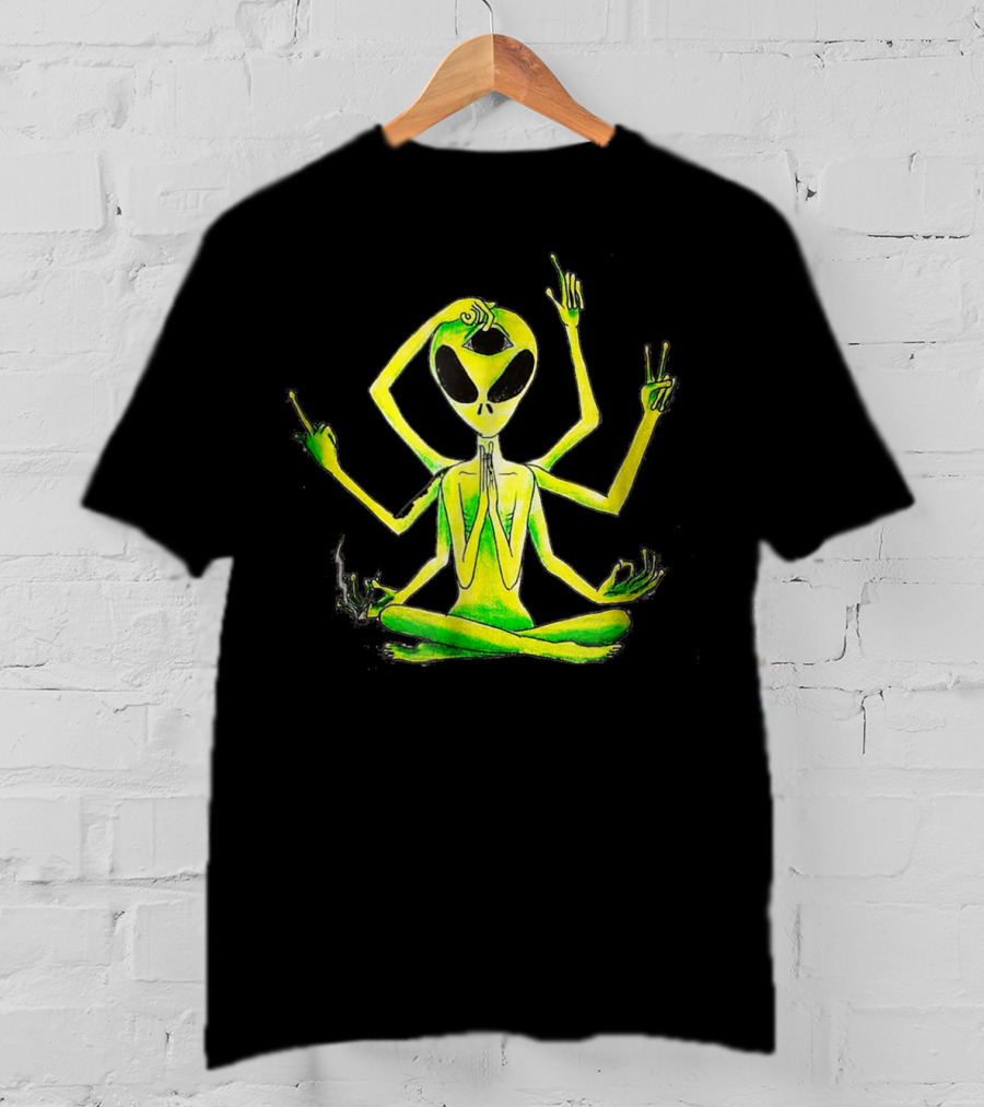 Alien Third Eye Meditation Yoga Pose With Multiple Arms T-Shirt