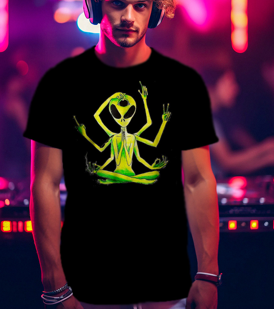 Alien Third Eye Meditation Yoga Pose With Multiple Arms T-Shirt