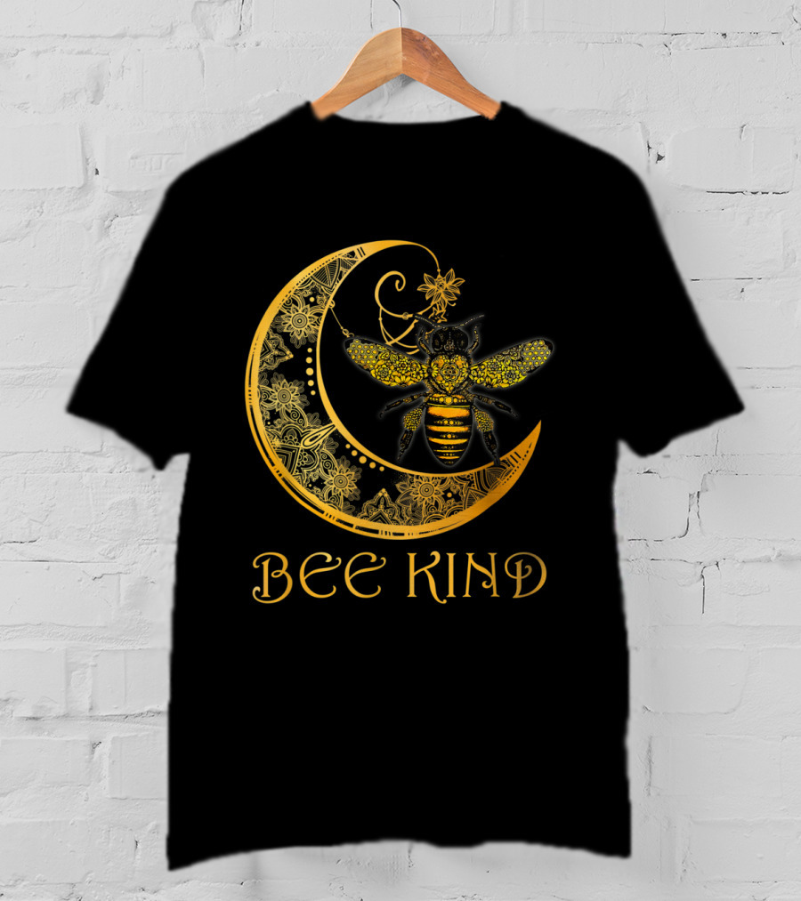 Bee Kind Golden Mandala Bee On Crescent Moon T-Shirt
