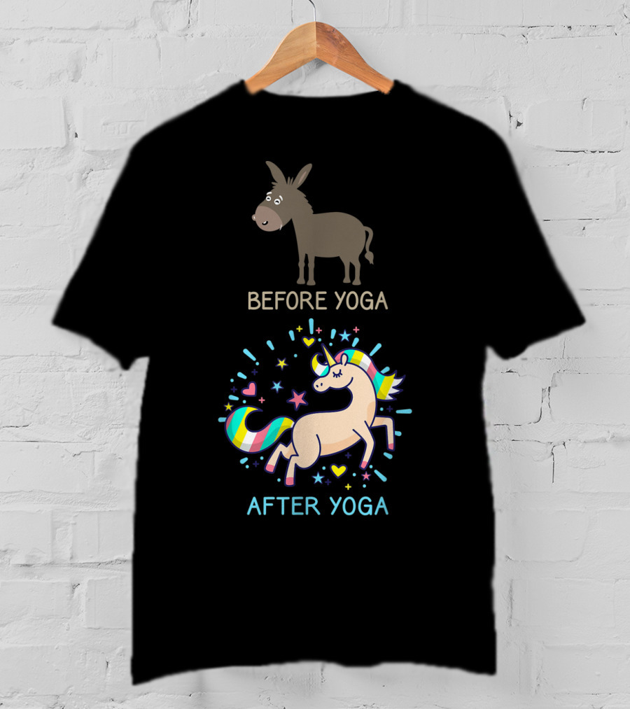 Before Yoga Donkey After Yoga Fantasy Unicorn Transformation T-Shirt