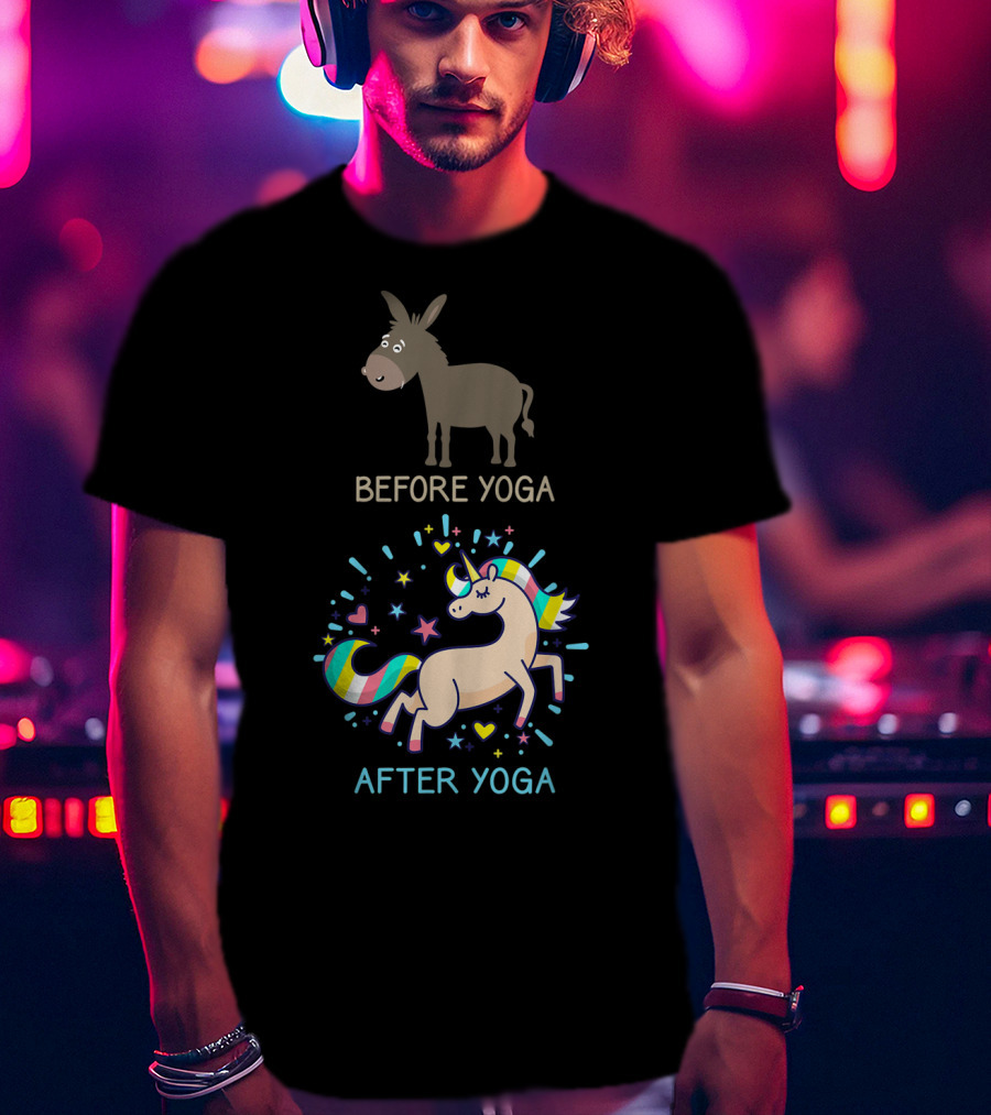 Before Yoga Donkey After Yoga Fantasy Unicorn Transformation T-Shirt