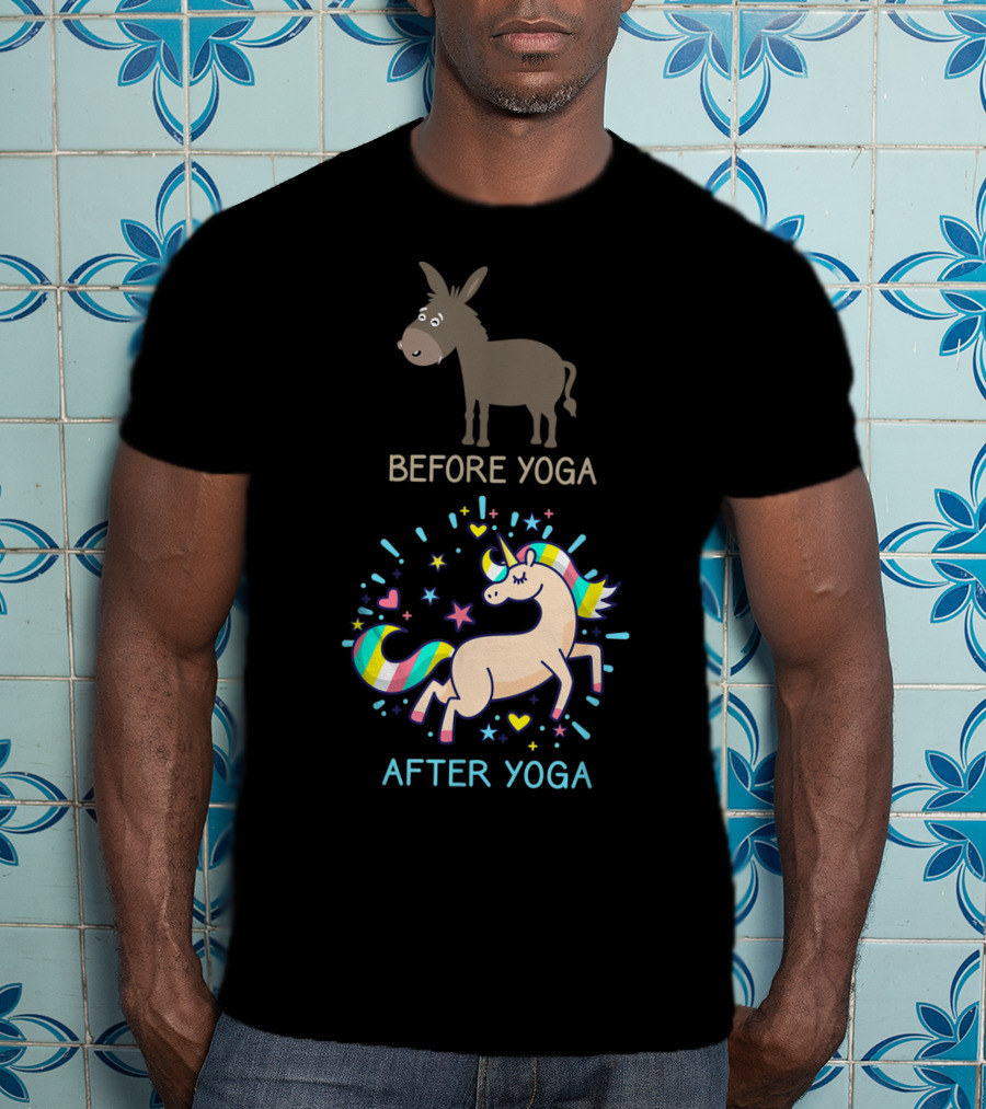 Before Yoga Donkey After Yoga Fantasy Unicorn Transformation T-Shirt
