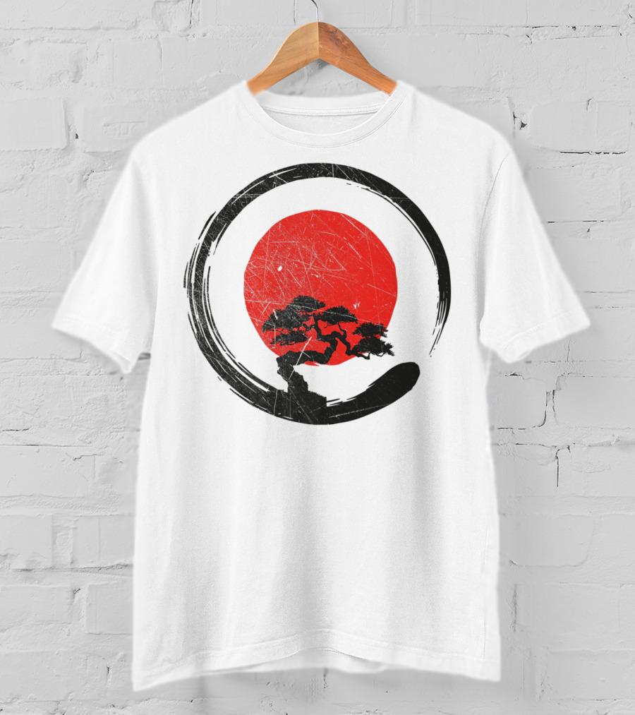 Buddhism Meditation Enso Circle With Red Sun And Bonsai Tree Zen Yoga T-Shirt