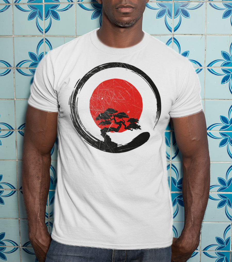 Buddhism Meditation Enso Circle With Red Sun And Bonsai Tree Zen Yoga T-Shirt