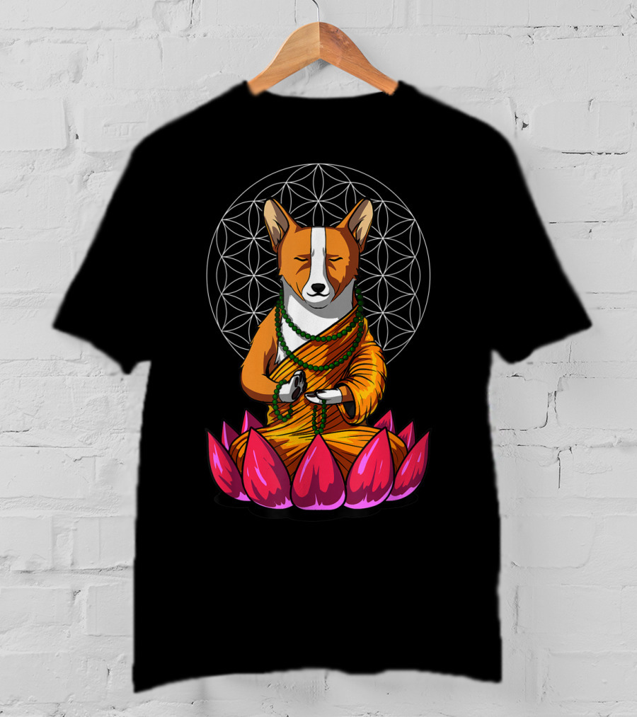 Corgi Dog Meditating In Buddha Pose With Lotus And Mandala Background T-Shirt