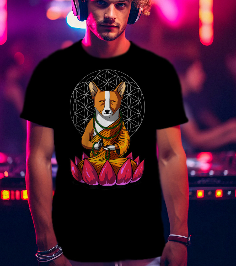 Corgi Dog Meditating In Buddha Pose With Lotus And Mandala Background T-Shirt