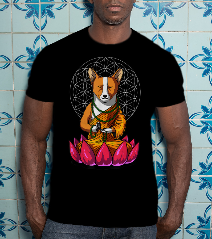 Corgi Dog Meditating In Buddha Pose With Lotus And Mandala Background T-Shirt