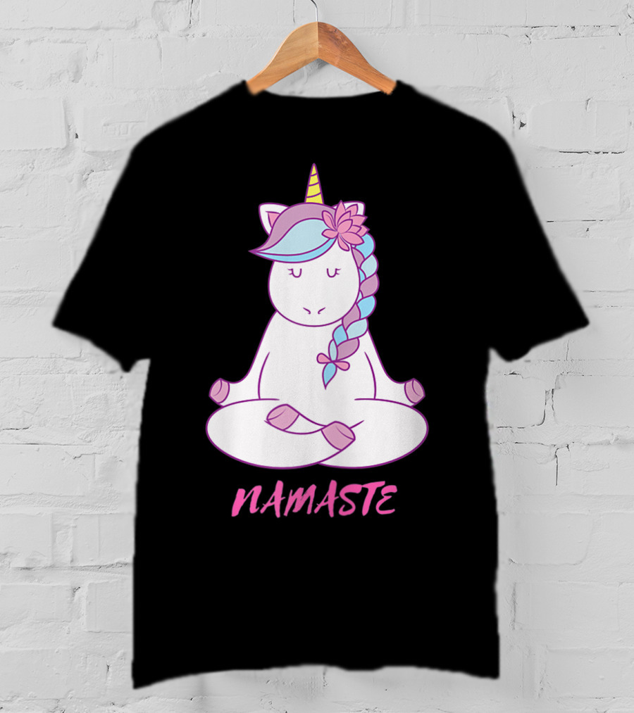 Namaste Unicorn Meditation Yoga Pose With Om Symbol And Flower Mane T-Shirt