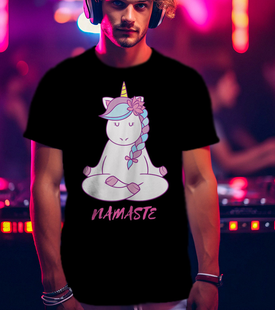 Namaste Unicorn Meditation Yoga Pose With Om Symbol And Flower Mane T-Shirt
