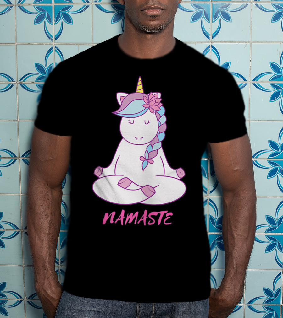 Namaste Unicorn Meditation Yoga Pose With Om Symbol And Flower Mane T-Shirt