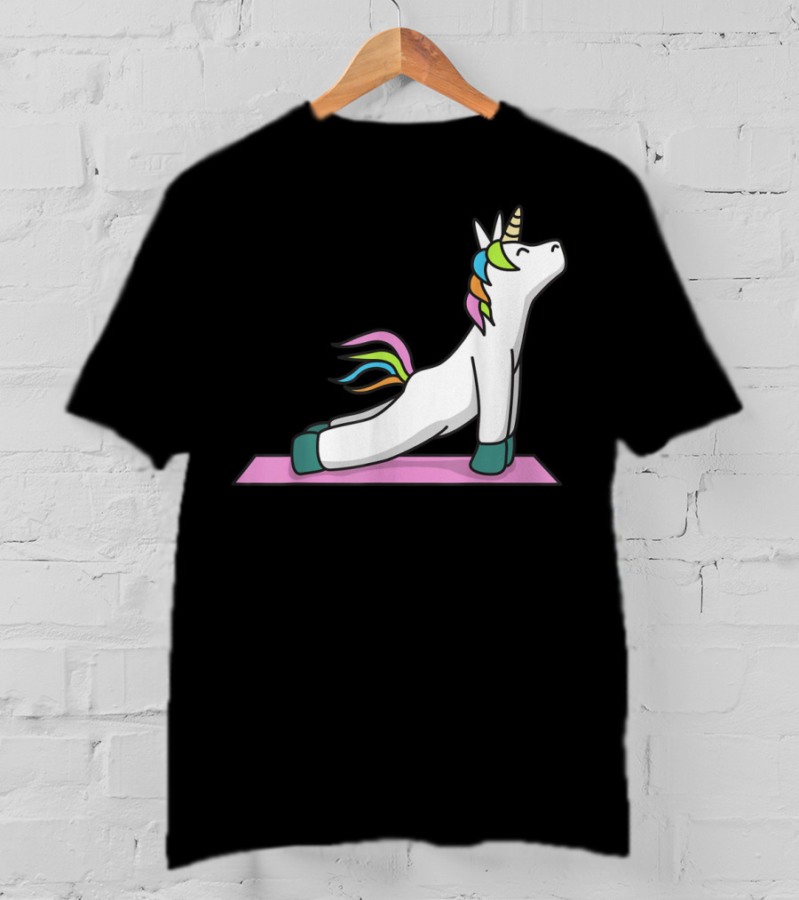 Cute Yoga Unicorn Meditation Fitness Pose With Rainbow Mane T-Shirt