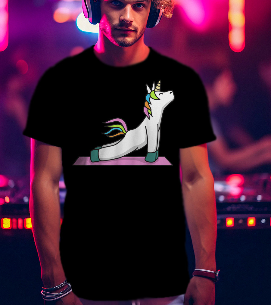 Cute Yoga Unicorn Meditation Fitness Pose With Rainbow Mane T-Shirt