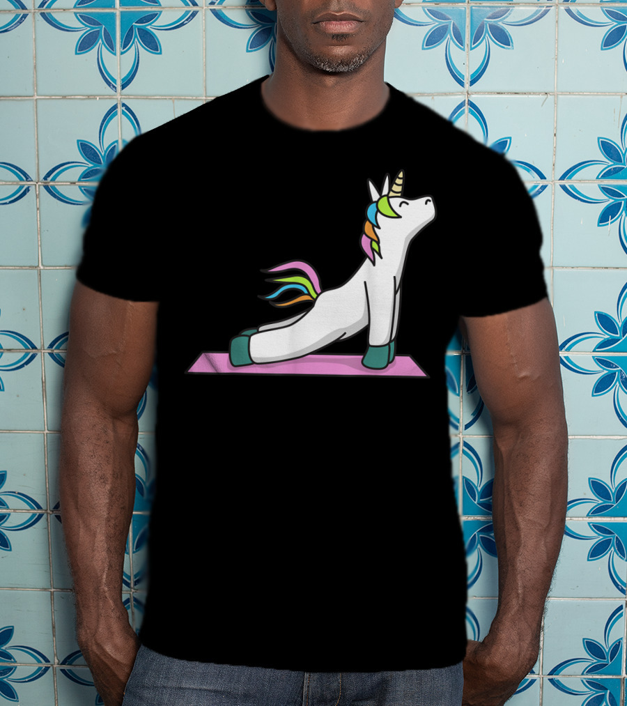 Cute Yoga Unicorn Meditation Fitness Pose With Rainbow Mane T-Shirt