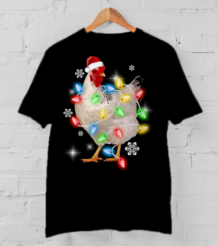 Chicken Noel Christmas Lights Santa Hat Snowflakes T-Shirt