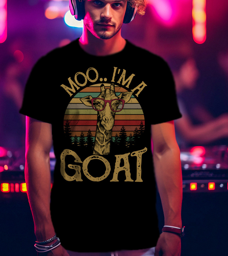 Moo I'm A Goat Retro Giraffe With Glasses And Forest Sunset T-Shirt