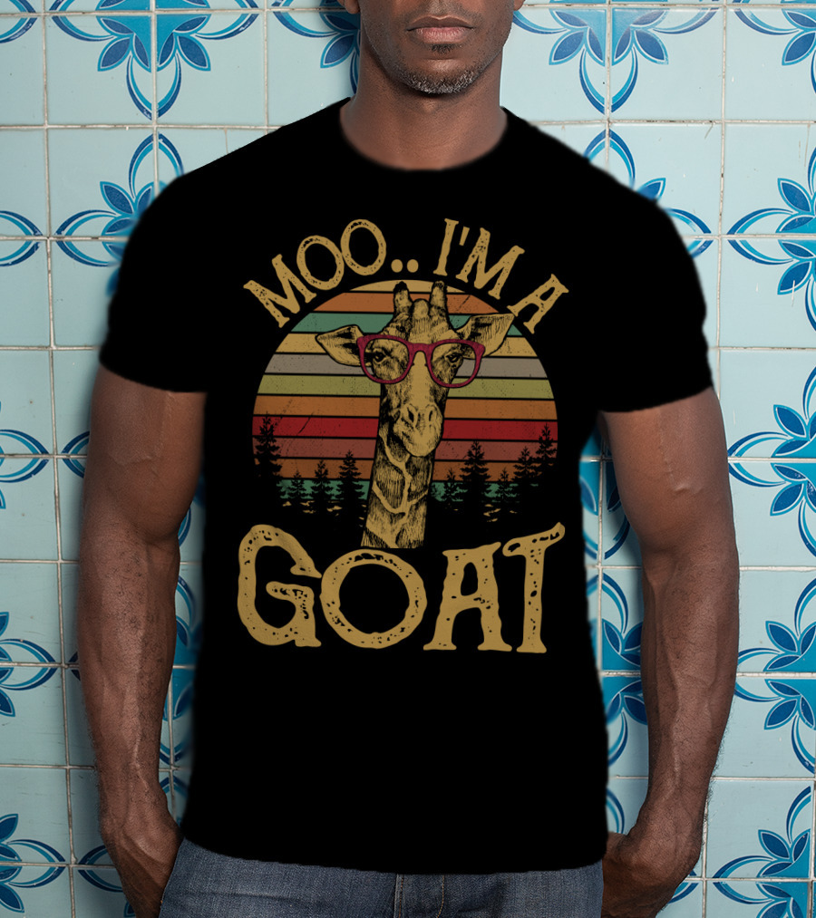 Moo I'm A Goat Retro Giraffe With Glasses And Forest Sunset T-Shirt