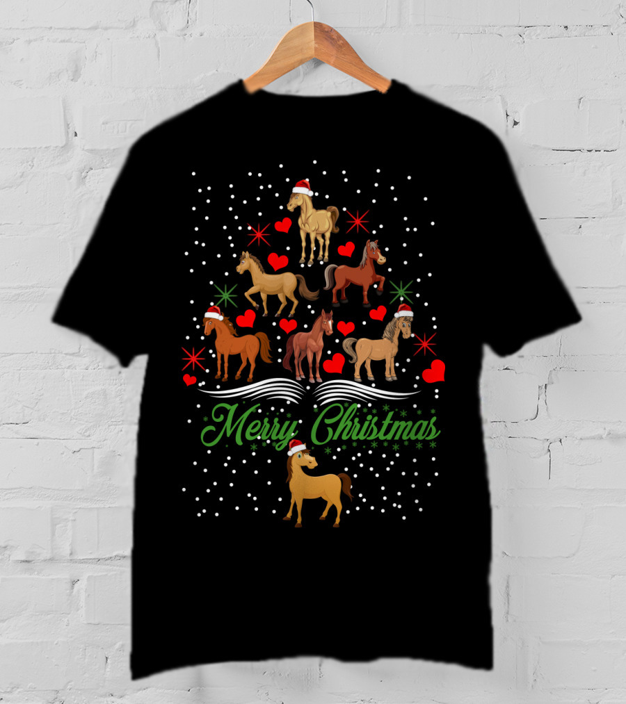 Merry Christmas Horses Santa Hats Hearts Snowflakes T-Shirt