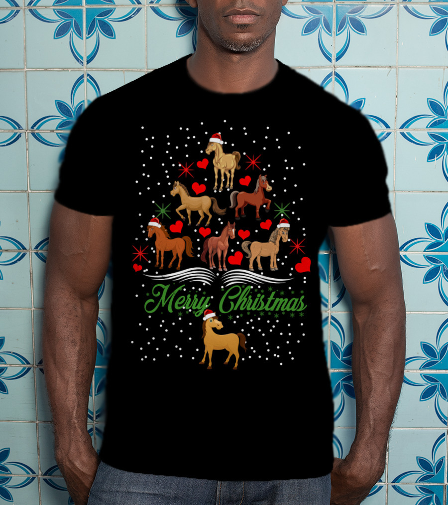 Merry Christmas Horses Santa Hats Hearts Snowflakes T-Shirt