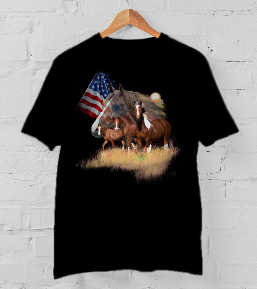 American Flag Majestic Horse Trio T-Shirt