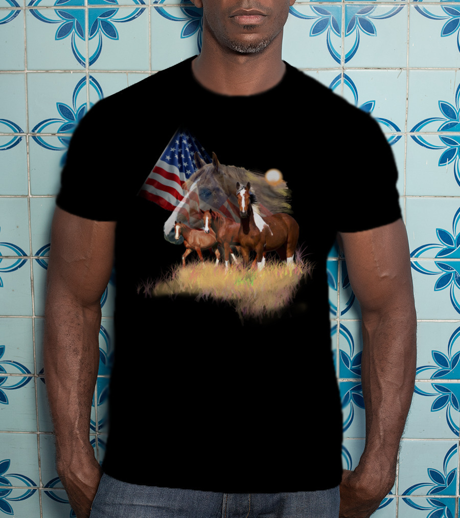 American Flag Majestic Horse Trio T-Shirt