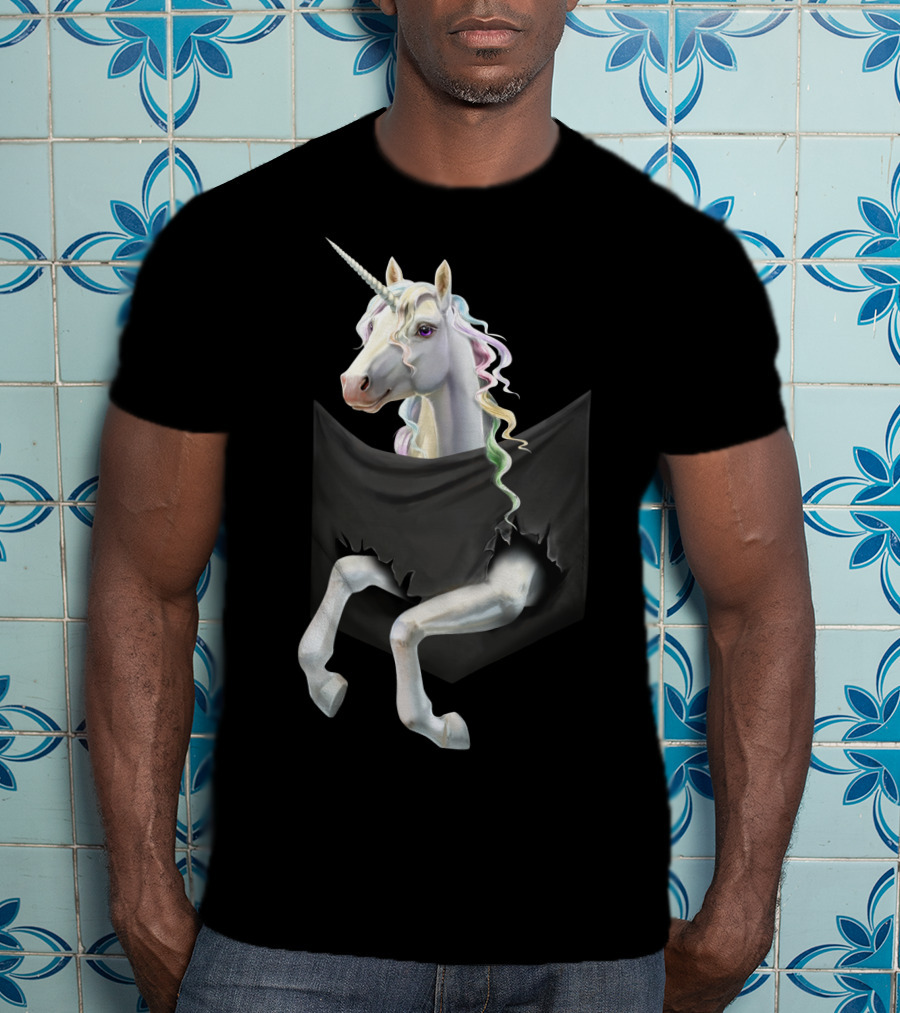 Unicorn Peeking From Torn Pocket T-Shirt