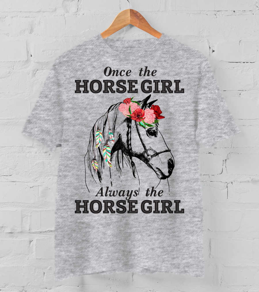 Once The HORSE GIRL Always The HORSE GIRL Floral Feather Adorned Horse T-Shirt
