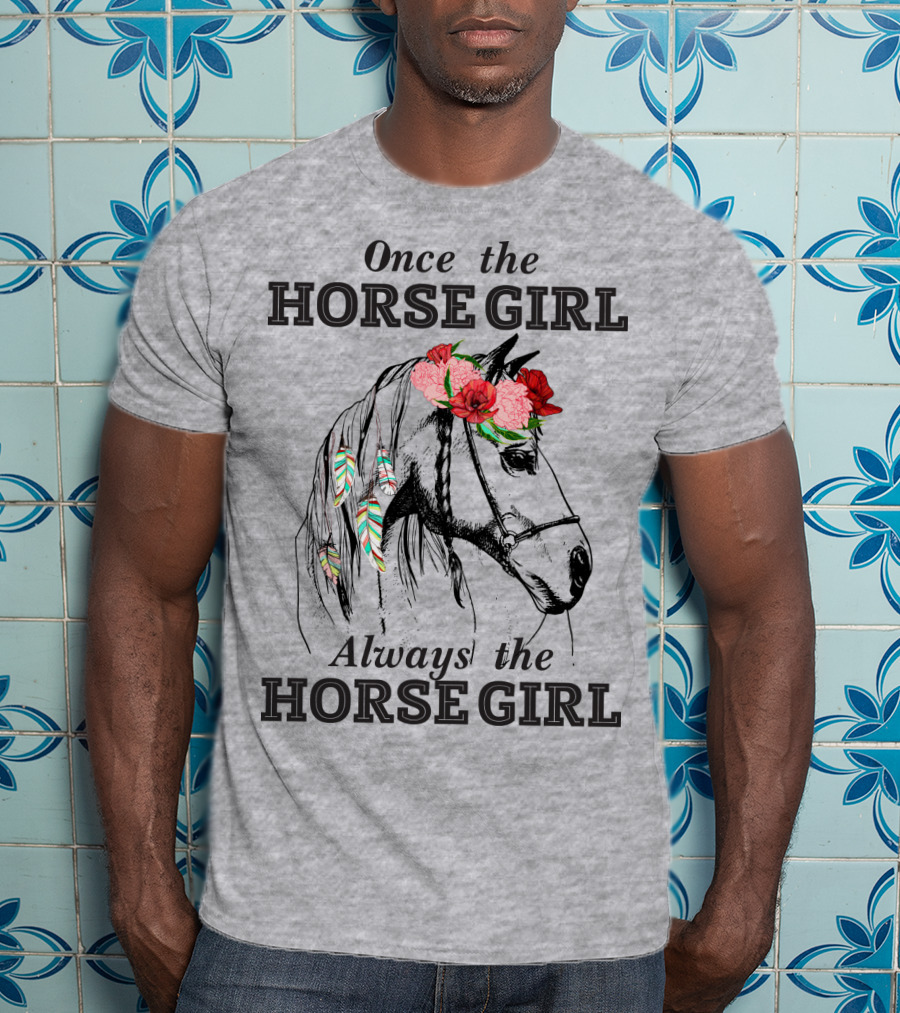 Once The HORSE GIRL Always The HORSE GIRL Floral Feather Adorned Horse T-Shirt