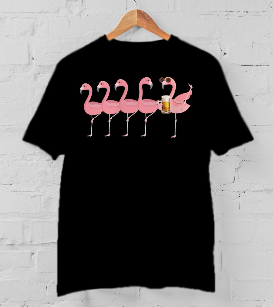 Beer Holding Flamingo With Sunglasses In A Row Of Pink Flamingos T-Shirt